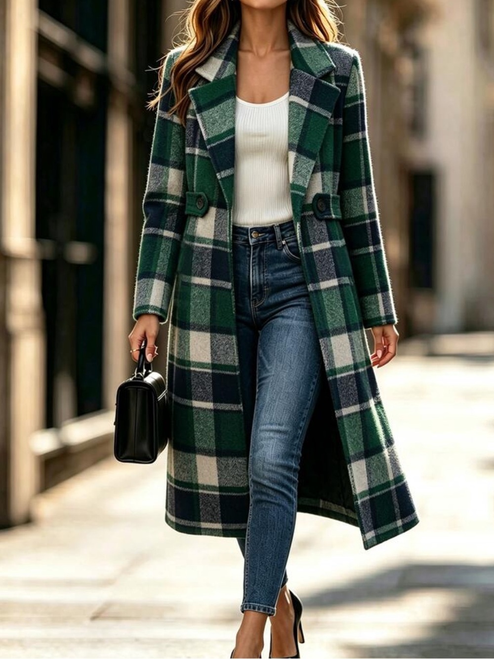 Women's Long Sleeve Notched Lapel Plaid Coat With Belt Office Green